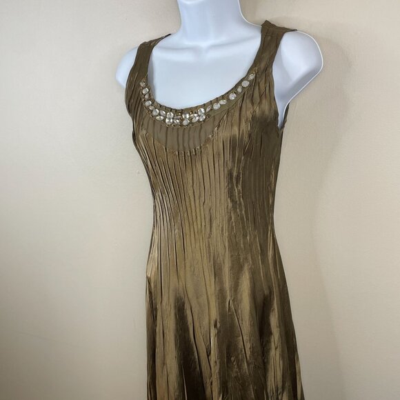 Vintage Y2K Golden Goddess Bronze Silky Satin Midi Dress Small Chiffon Party NYE - Picture 7 of 13